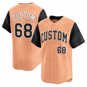 Camiseta de béisbol a rayas color melocotón personalizada, transpirable, de malla de poliéster, con botones, uniforme profesional para equipos, clubes y ligas. - Product Image 1