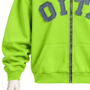 Sweat-shirt à capuche zippé vert unisexe coupe classique avec motif lettre appliqué, décontracté pour l'automne, en polaire tricotée avec logo frontal - Product Image 5