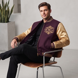 Dumela Men's <b>Varsity</b> <b>Jacket</b> <b>Purple</b> Gold Embroidered Bomber Regular Fit Autumn Casual Outerwear - Product Image 4