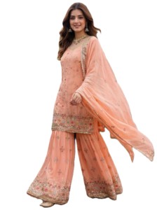 Salwar Kameez brodé pêche pour femme, robe traditionnelle de mariage et de fête, style indien pakistanais, ensemble Sharara Gharara, coupe classique - Product Image 4
