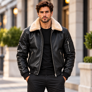 Chaqueta bomber de cuero negro para hombre con cuello de piel, abrigo de invierno de lujo con forro de borrego y cremallera. - Product Image 1