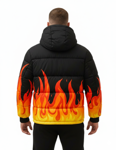 Chaqueta Acolchada Negra con Estampado de Llamas para Hombre, Chaqueta de Invierno con Capucha, Estilo Urbano, Hip Hop, Moda - Product Image 2