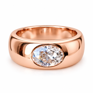 Bague de promesse classique unisexe en or plaqué jaune avec moissanite ovale sertie clos, bijoux - Product Image 5