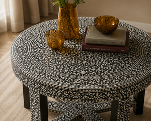 Handmade Solid Wood Round Bone Inlay Industrial Coffee Table & <b>Sideboard</b> Carved Floral Design for Living/Dining Room Furniture - Product Image 3