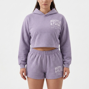 Premium Quality Women's Crop Hoodie Matching Shorts <b>Twin</b> <b>Sets</b> New Design Customized Made Women Hoodie And Shorts <b>Set</b> - Product Image 2