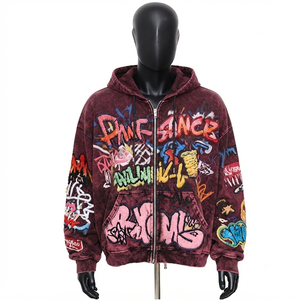 Sweat-shirt à capuche zippé vintage délavé à l'acide, broderie graffiti personnalisée, coupe oversize en molleton de coton, vente en gros - Product Image 1