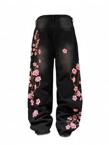 Pantalones de forro polar negros de cintura baja y pierna ancha para mujer con aberturas y bordado rosa, ajuste holgado, largo hasta el tobillo, informales, para invierno - Product Image 2