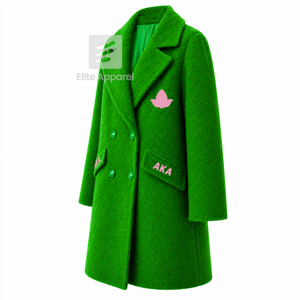 Manteau long en laine personnalisé Alpha Kapa Alpha, logo brodé sur le devant, couleur vert et rose, manches longues, pour femme. - Product Image 2