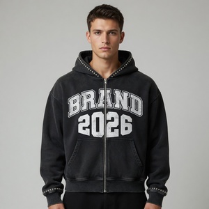 SHY SPORTS Custom Heavyweight Oversized 100% Cotton Eco-Friendly Hoodie Acid Wash Finish Zip Style Screen Print Rhinestone - Product Image 5