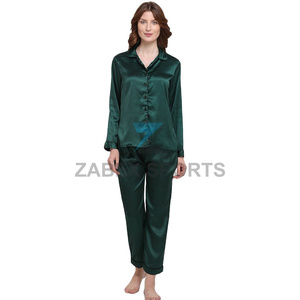 Ensemble de pyjama 2 pièces en satin pour femmes OEM avec logo personnalisé, fermeture à cordon, séchage rapide et respirant, tissu polyester/coton - Product Image 1