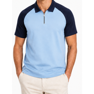 Polo à manches courtes pour homme personnalisé, col quart zippé, bleu clair et bleu marine, bicolore, pour le golf - Product Image 1