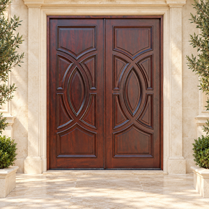 Puerta Doble de Entrada de Madera Sólida de Estilo Europeo con Diseño Circular GA-46S, Puerta Frontal Contemporánea para Villa - Product Image 1