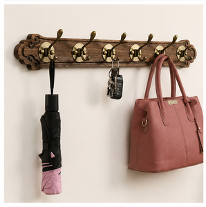 Porte-manteau mural avec 5 crochets robustes en laiton antique, rail décoratif en bois massif pour chambre à coucher à bon prix - Product Image 4