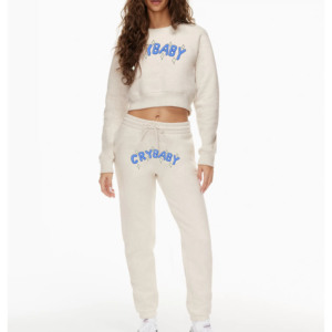 Conjunto de Sudadera Corta Color Crema para Mujer con Estampado Crybaby, Manga Larga, Cuello Redondo, Chándal Informal para Otoño - Product Image 1