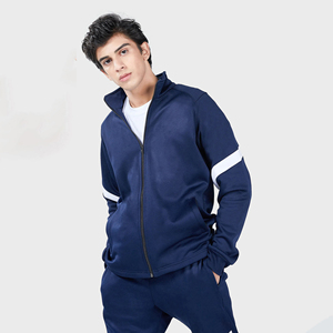 Ensemble de survêtement sportif décontracté pour homme, bleu marine, avec fermeture éclair intégrale et bandes blanches, respirant, en polyester, pour l'automne - Product Image 5
