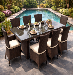 8 Piece Farmhouse Style Outdoor PE Rattan <b>Dining</b> Set with Glass Top <b>Table</b> <b>Foldable</b> & Weather Resistant Courtyard Patio Furniture - Product Image 1