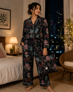 Conjunto de Pijama Floral Negro de Verano para Mujer, Estampado de Aves, Ropa de Dormir de Algodón Ecológico, Camisa con Botones y Pantalones Estampados - Product Image 1