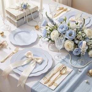175 pièces de kits de fournitures de fête jetables, assiettes en plastique bleues, couverts dorés et argentés, y compris 50 assiettes en plastique bleu clair et dorées, 25 couteaux - Product Image 3