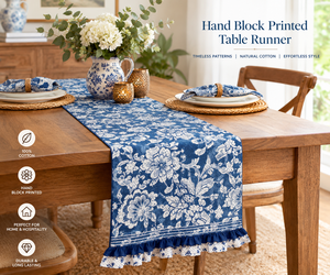 Chemin de table en coton floral vintage durable et personnalisable, fabriqué à la machine |   Nappe en lin bleu pour la décoration de table en gros - Product Image 4
