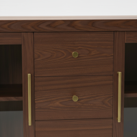 Buffet de salon avec trois tiroirs centraux et trois portes vitrées latérales, en bois d'hévéa écologique, MDF et chêne