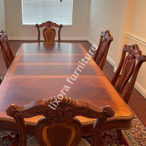 Ensemble de table à manger en bois massif artisanal de luxe pour 6 personnes, finition en bois de cerisier sculpté de style victorien - Product Image 4