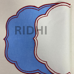 <b>Blue</b> Linen <b>Placemat</b> With Scalloped Red Embroidered Edge Table Mats for Dining, Modern Tableware, Reusable Elegant Kitchen Decor - Product Image 4