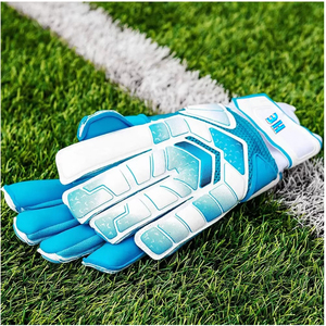 Guantes de Portero de Fútbol Elásticos de Látex Alemán con Diseño Personalizado en Blanco y Azul, Corte Negativo, con Látex Alemán de 4 mm con Relieve - Product Image 3