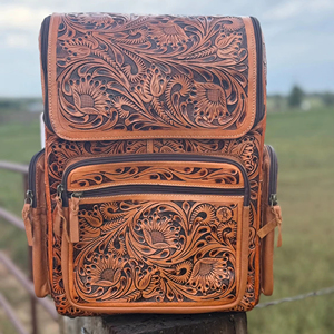 Vintage 100% Genuine Leather <b>Backpack</b> Handmade Floral <b>Tooling</b> Pattern Zipper Closure Softback Unisex 20-35L Capacity Waterproof - Product Image 1