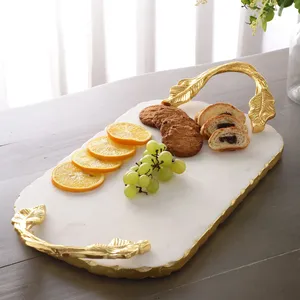 Luxury White Marble Serving Tray with Gold Leaf Handles Single Tier Multifunction Jewelry Storage & <b>Coffee</b> <b>Table</b> Organizer - Product Image 4