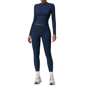 Conjunto de Yoga deportivo de dos piezas transpirable superelástico para mujer, para correr, traje de gimnasio con Logo en la cintura, patrón sólido, ropa de entrenamiento - Product Image 5