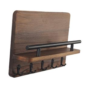 Perchero de pared de madera rústica con 4 ganchos y estante, organizador para entrada de 25x18.5x7.5cm - Product Image 2