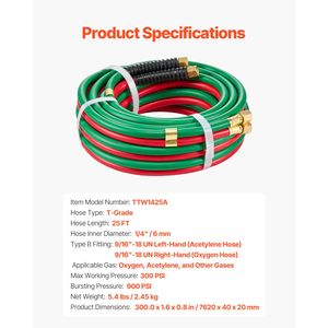 Tubo in gomma ossigeno-acetilene da 1/4 di pollice x 25 piedi con raccordo B F da 9/16"-18, 300 PSI, Grado T, per saldatura e taglio a doppio tubo - Product Image 3
