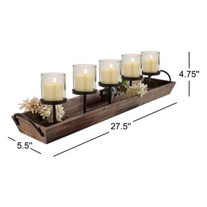 Porte-bougie rustique 5 tasses sur plateau en bois vieilli avec poignée, bougies votives en verre et accents en fer, parfait pour la décoration intérieure - Product Image 6