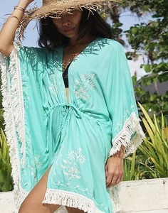 Vestido de una pieza para mujer, estilo bohemio, con encaje bordado, cuello en V, manga larga, corte regular, mini, ecológico, para verano, para la playa o resort - Product Image 1
