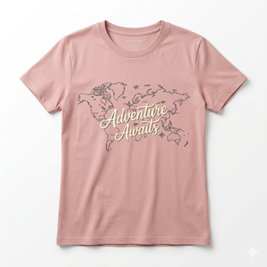 Camiseta de Cuello Redondo con Estampado Floral de Mapa del Mundo, Color Rosa, para Mujer, Ajuste Delgado, Manga Corta, 100% Algodón Jersey, Transferencia Térmica - Product Image 1