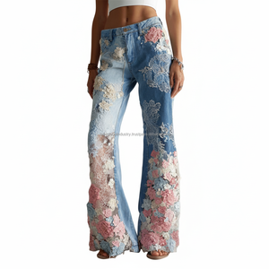 Jeans évasés taille haute à sequins floraux en maille respirante, personnalisables OEM, vente en gros - Product Image 1
