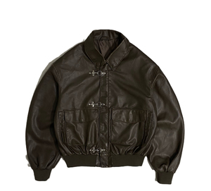 Men's Dark Brown Faux Leather Bomber Jacket Metal Buckle Closure Point Collar Cargo Pocket Oversized Vintage Streetwear <b>Coat</b> - Product Image 1