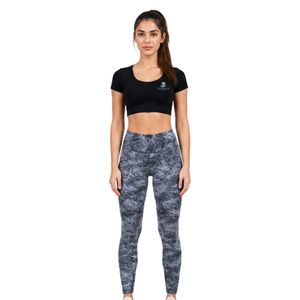 Women's <b>Black</b> <b>Short</b> <b>Sleeve</b> <b>Crop</b> <b>Top</b> and High Waist Printed Leggings Two Piece Fitness Workout Set - Product Image 1