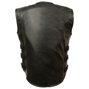 <b>Men's</b> Black Leather Motorcycle <b>Vest</b> Zipper Front Stand Collar Rivet Buckle Biker Waistcoat - Product Image 6