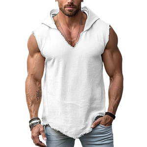 <b>Mens</b> <b>White</b> Sleeveless Hooded Tank Top Solid Casual Frayed Raw Edge Curved Hem Breathable <b>Vest</b> - Product Image 1