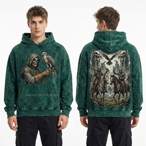 <b>Distressed</b> Vintage Teal Green Hoodie Men Skeleton Falconry Graphic Streetwear Ripped Detail Oversized Heavyweight Pullover <b>Tops</b> - Product Image 1