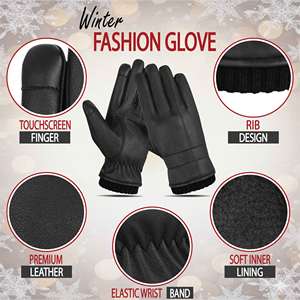 Gants d'hiver imperméables en cuir noir pour hommes, gants complets isolés thermiquement, compatibles avec les écrans tactiles, pour le cyclisme en plein air, décontractés au quotidien - Product Image 2