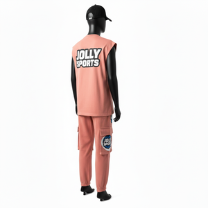 Men Sleeveless Two Piece Set Cotton Polyester Fabric 230 GSM Breathable <b>Peach</b> Tone Custom Logo Sleeveless <b>shirt</b> and pant men's - Product Image 5