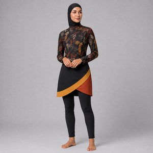 High Quality Designer 3-Piece Muslim <b>Burkini</b> Set Women Modest Luxury Fall Leaf Print <b>Swimwear</b> Full Coverage Islamic Swim Suit - Product Image 1