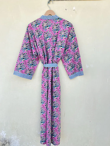 Bata Kimono con Estampado de Dibujos Animados para Mujer, 100% Algodón Tejido, Suave y Transpirable, Camisón de Verano Hecho a Mano, Cuello en V, Cintura Elástica, ODM - Product Image 4