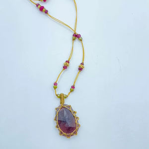 Macrame Pink Purple Gemstone Necklace Faceted Pendant Adjustable Yellow Cord Beaded Boho Artisan Jewelry for Women - Product Image 1