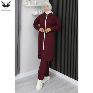 Custom Women <b>Modest</b> Solid Casual Tracksuit Full Zip Longline Hoodie and Joggers <b>Set</b> Islamic Sports 2 Piece Muslim Gym Suit - Product Image 5