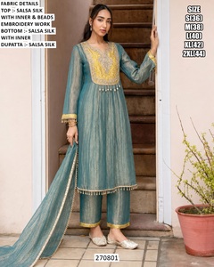 Teal Salsa Silk Embroidered Floor-Length Salwar <b>Suit</b> Beads Work Quick Dry Sun Protection for <b>Women</b> Traditional <b>Wedding</b> Wear M L - Product Image 1