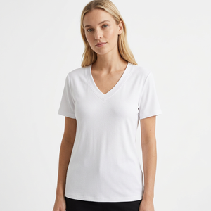 T-shirt blanc pour femme, col en V, manches courtes, tricot côtelé, uni, anti-rides, 100% coton, coupe décontractée, tee-shirt d'été - Product Image 2