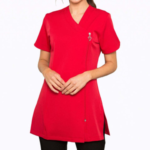 Women's Red Breathable Polyester Short Sleeve V-Neck Scrub Top with Zip Front and Custom Logo Embroidery Tunic - Product Image 1